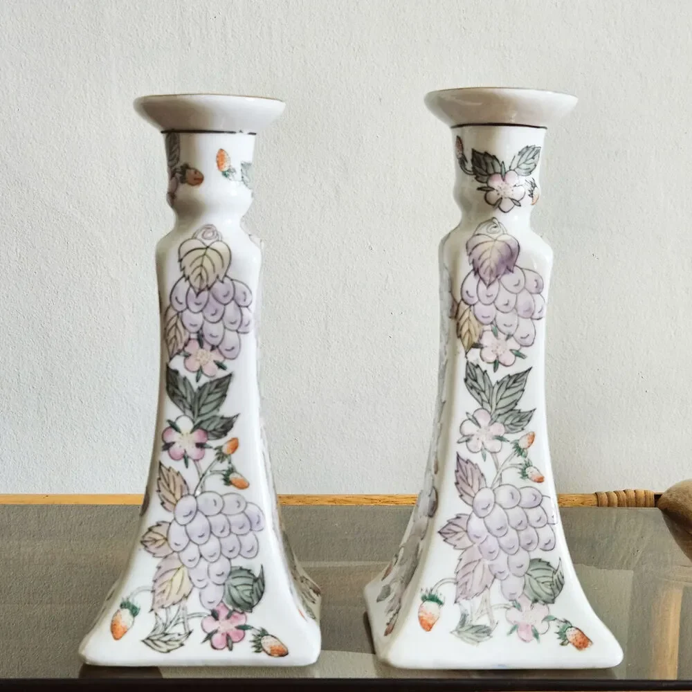Vintage 1980s WBI Porcelain Pair of Grapes & Strawberries Candlestick Holders